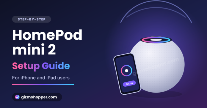 HomePod mini 2 smart speaker next to an iPhone showing the Set Up screen, with the text 